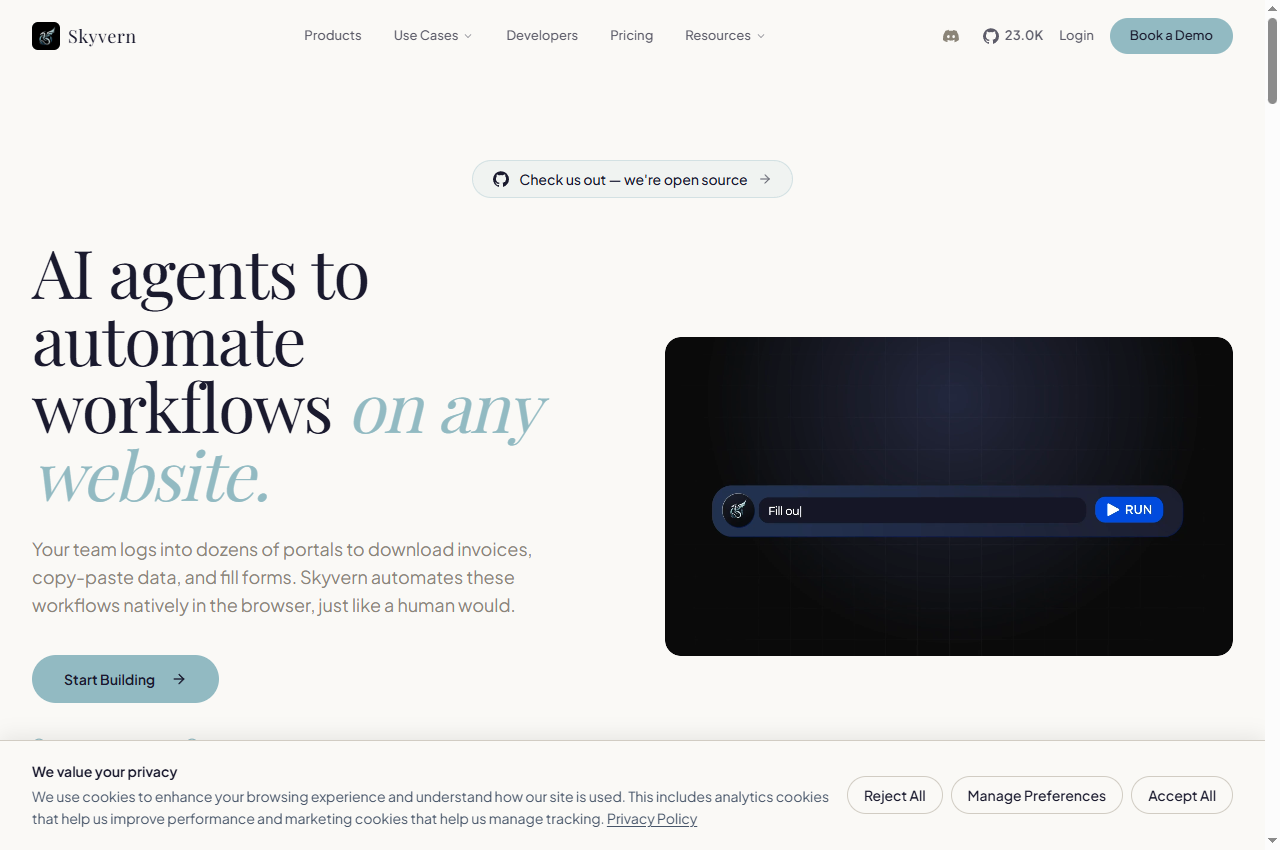 Skyvern official website preview captured 22 September 2026