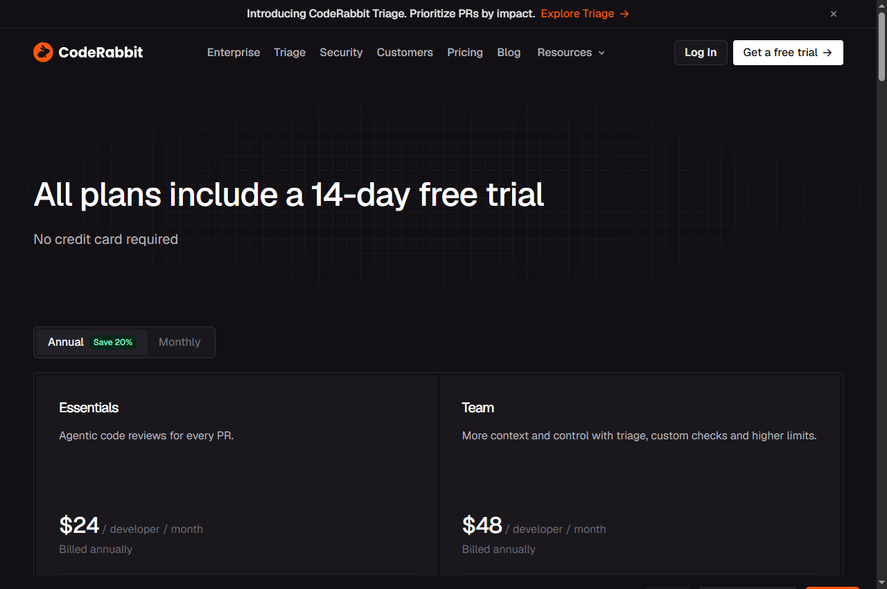 CodeRabbit Pricing | AI Code Review Plans: official page screenshot