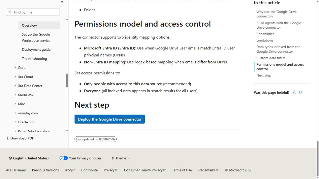 Microsoft Learn Google Drive connector identity mapping and access options
