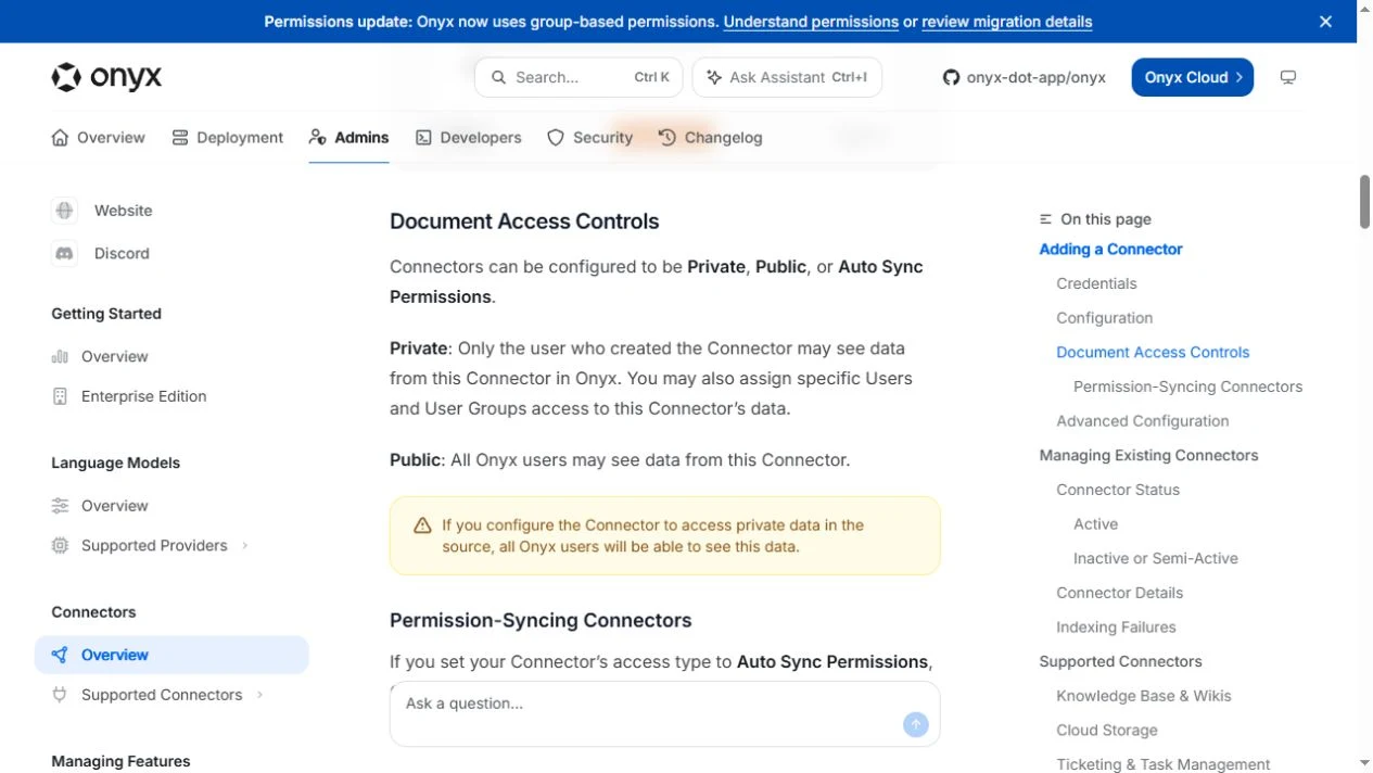 Onyx official documentation showing Private, Public and Auto Sync Permissions