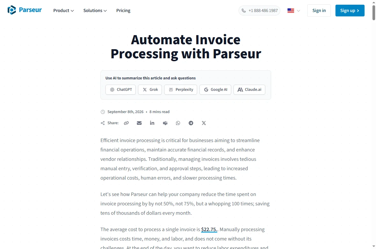 Parseur official public page, captured 22 September 2026