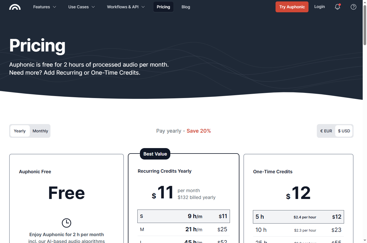 Pricing | Auphonic: official page screenshot