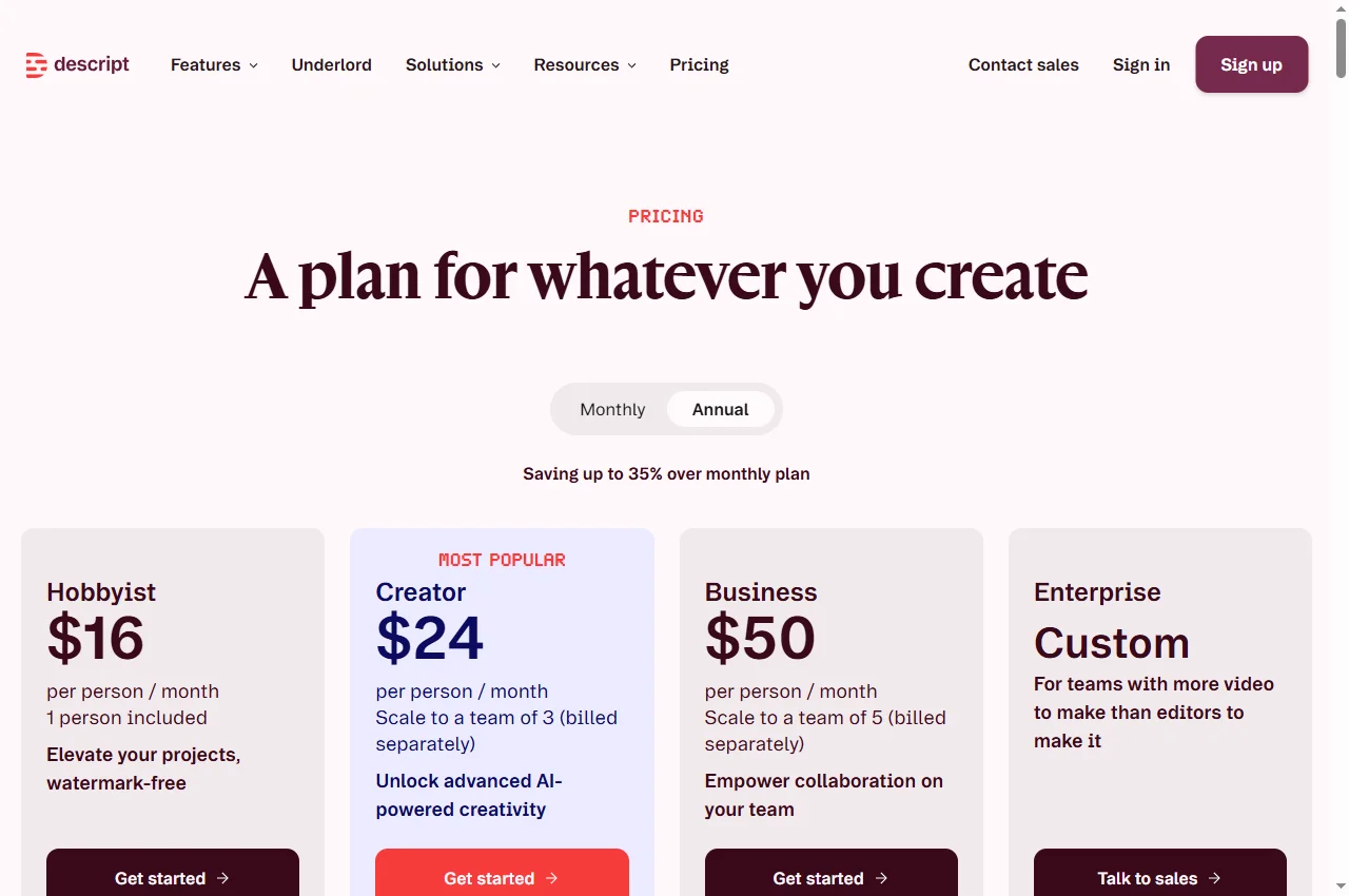 Descript official website preview, 22 September 2026