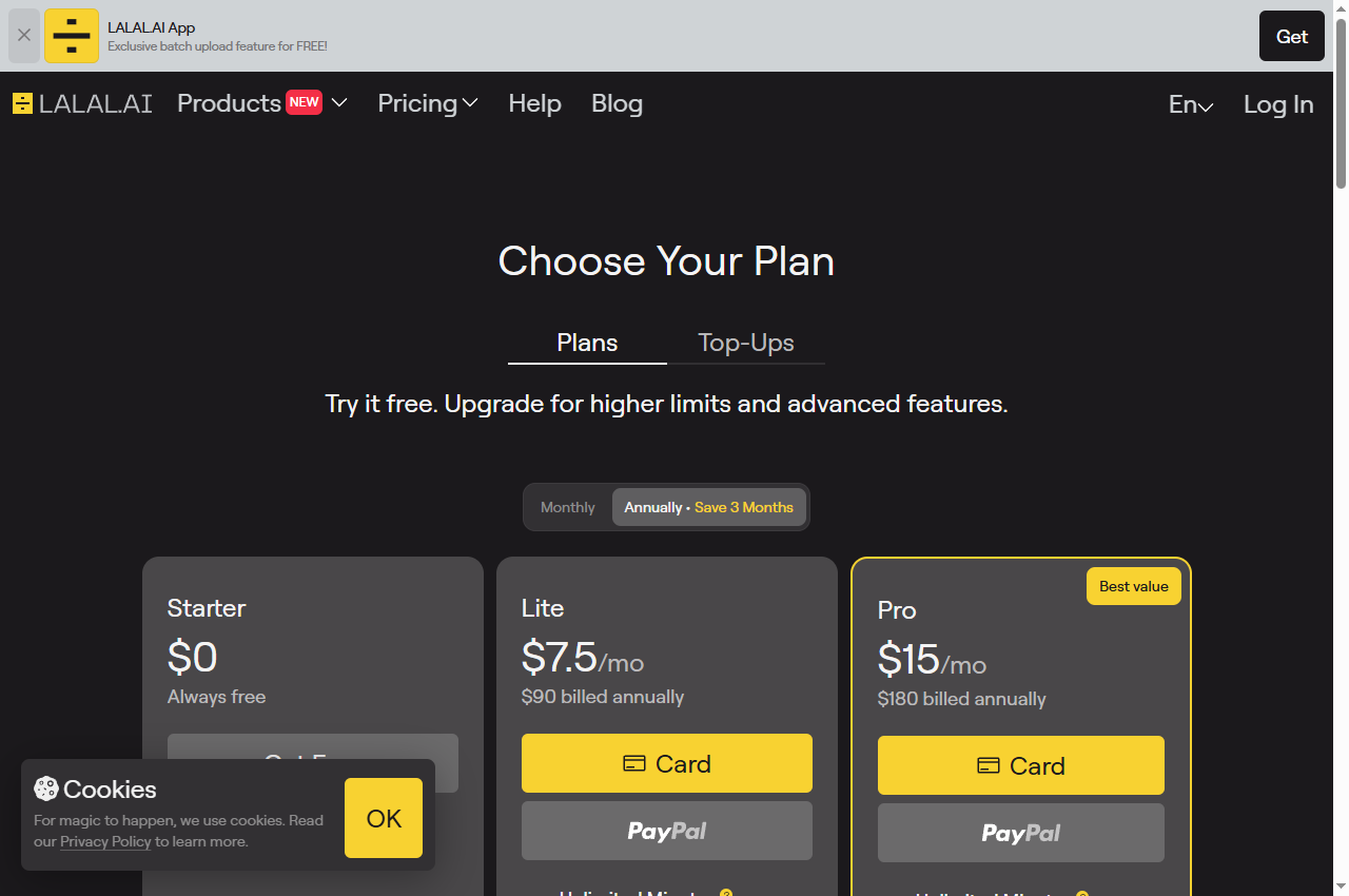 Pricing | LALAL.AI: official page screenshot
