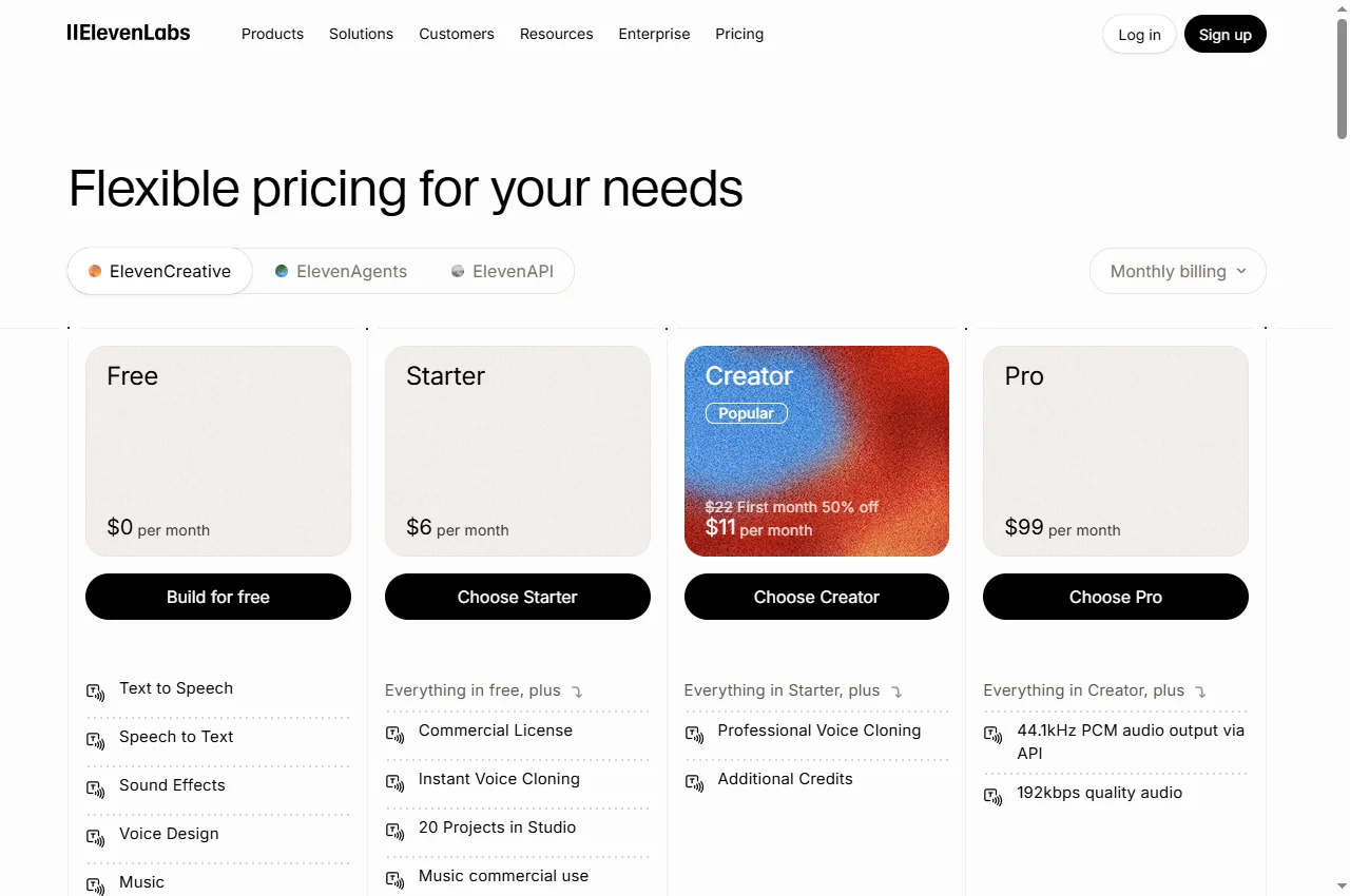 ElevenLabs Free official page preview, 22 September 2026