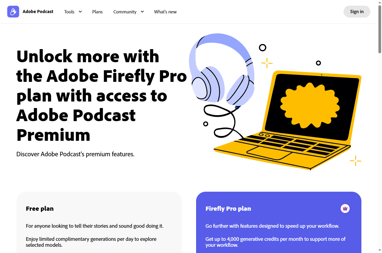 Adobe Podcast plans | Upgrade to unlock more features: official page screenshot