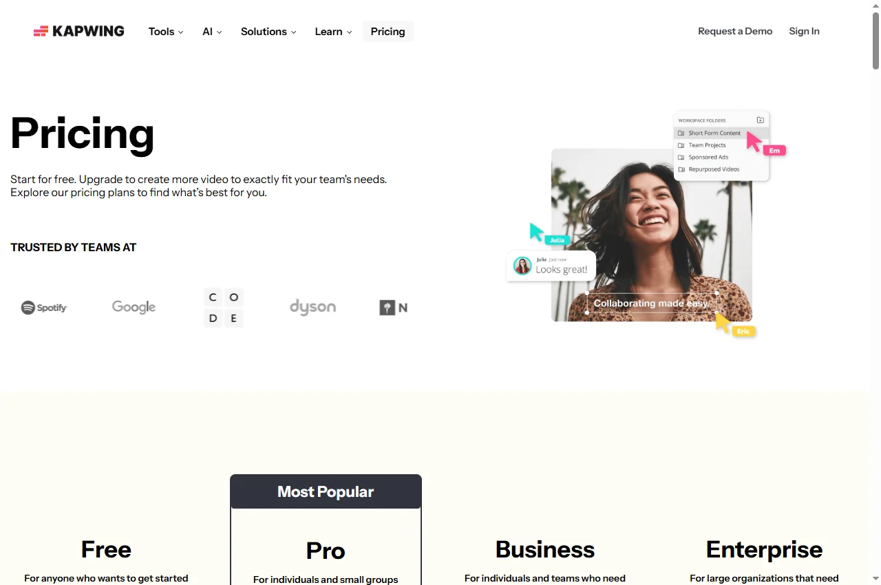 Kapwing Free official page preview, 22 September 2026