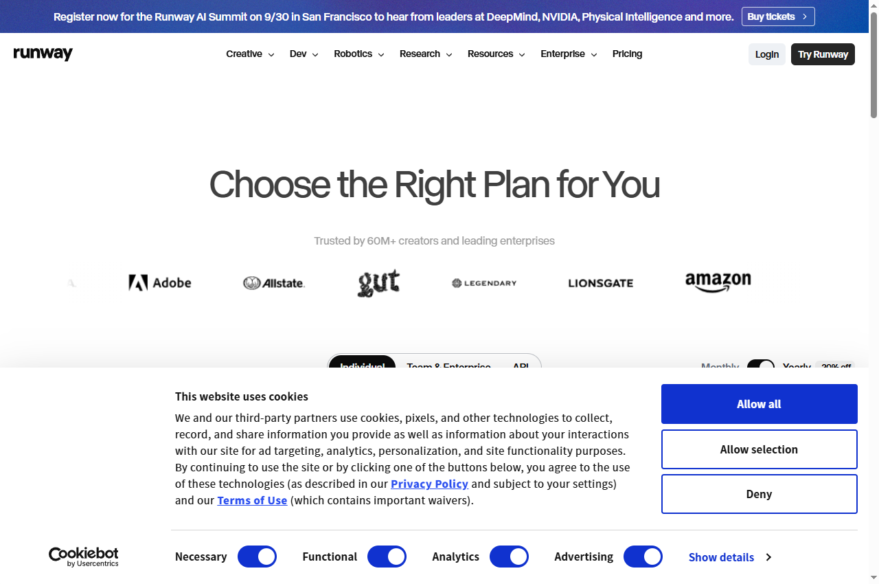 AI Image and Video Pricing from $12/month | Runway AI: official page screenshot