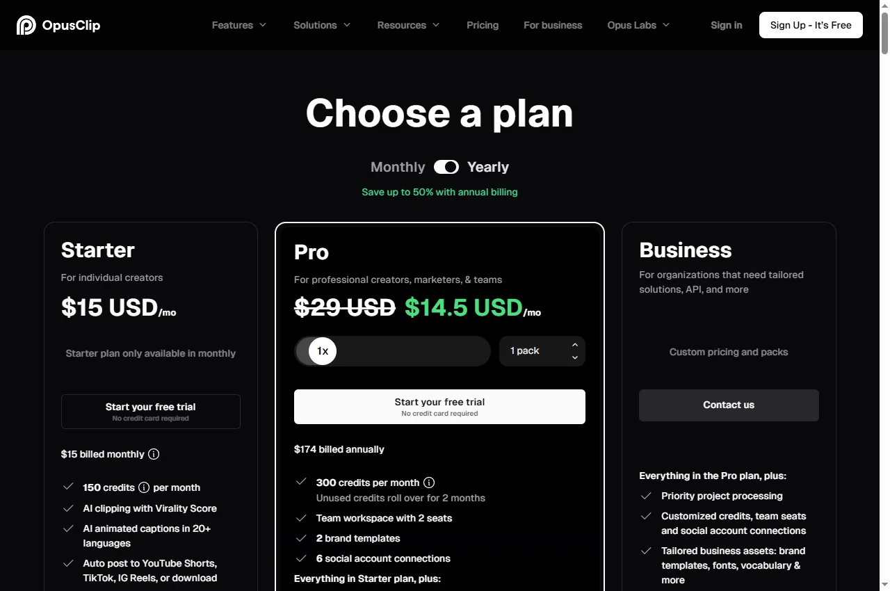 OpusClip Free official page preview, 22 September 2026