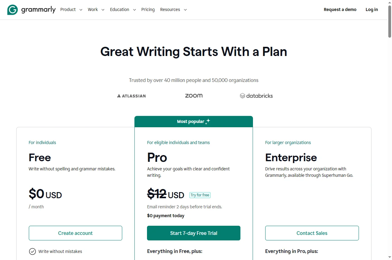Grammarly Free official page preview, 22 September 2026