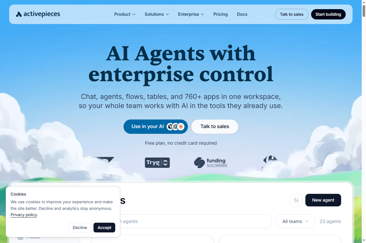Activepieces official public website preview, 22 September 2026