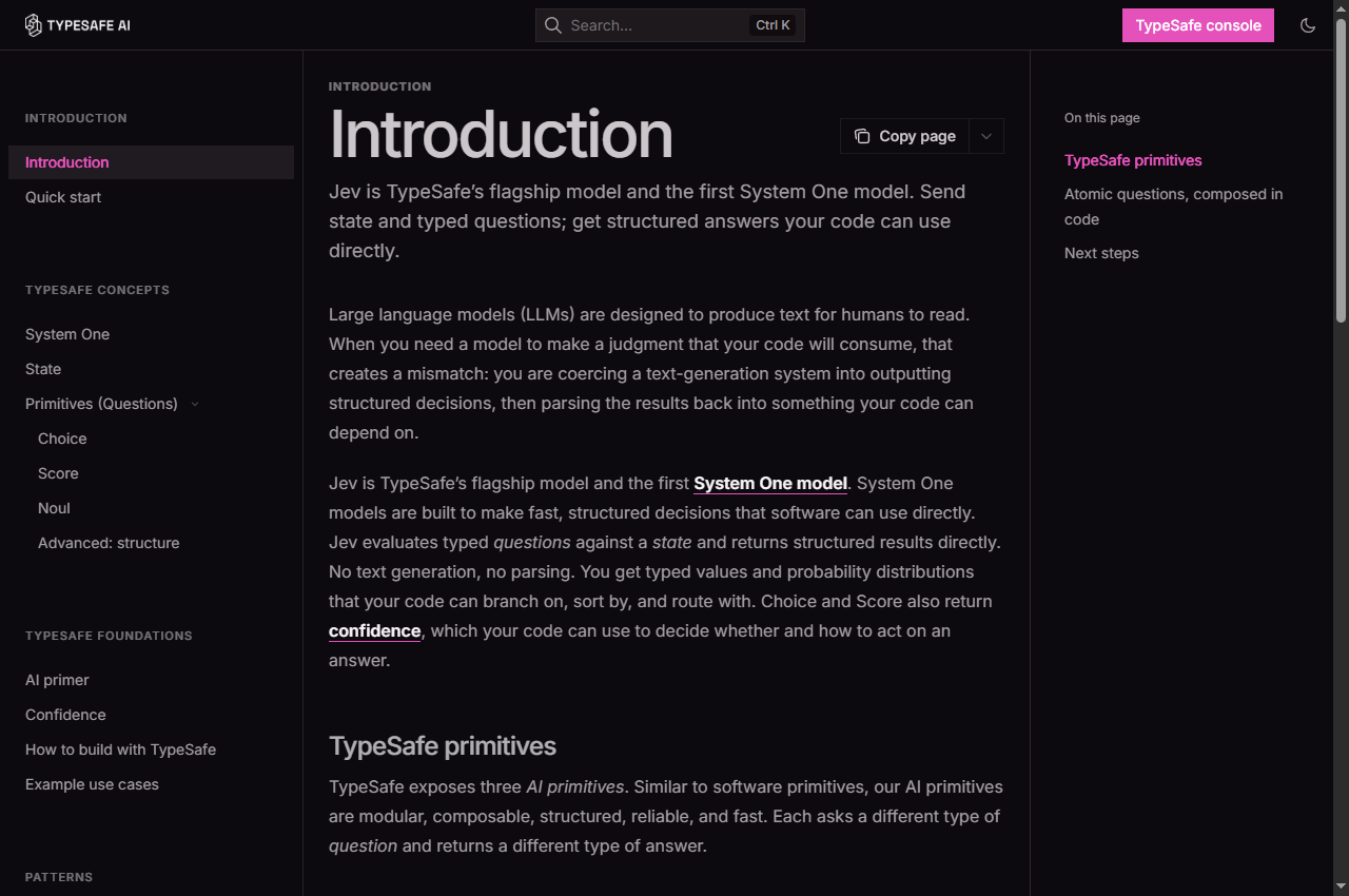 Introduction - TypeSafe AI: official page screenshot